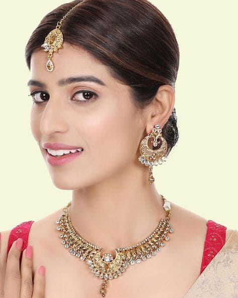 Gold-Plated Traditional Matte Finish Necklace with Earring Maangtika Set