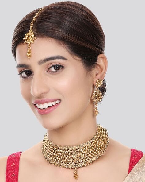 Gold-Plated Traditional Matte Finish Necklace with Earring Maangtika Set