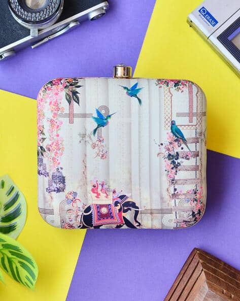 Elephant Print Clutch with Detachable Chain Strap