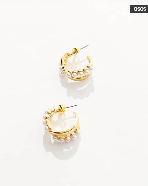 14K Gold-Plated Hoop Earrings with Twisted Faux Pearl Detail