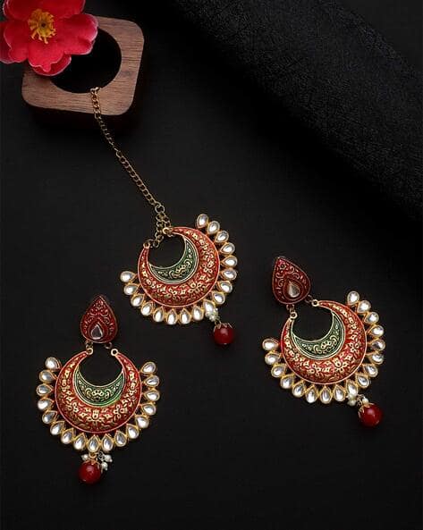 Minakari Kundan-Studded Maangtika & Earrings Set