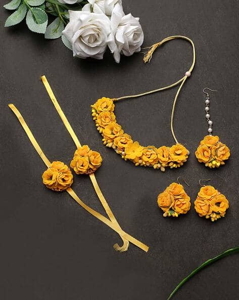 Floral Haldi Ceremony Necklace & Earrings Set with Maangtika & Bracelet