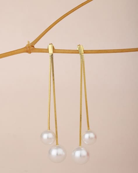 Dangling Pearl with Chain Gold Plated Drop Earrings - B818607E/3