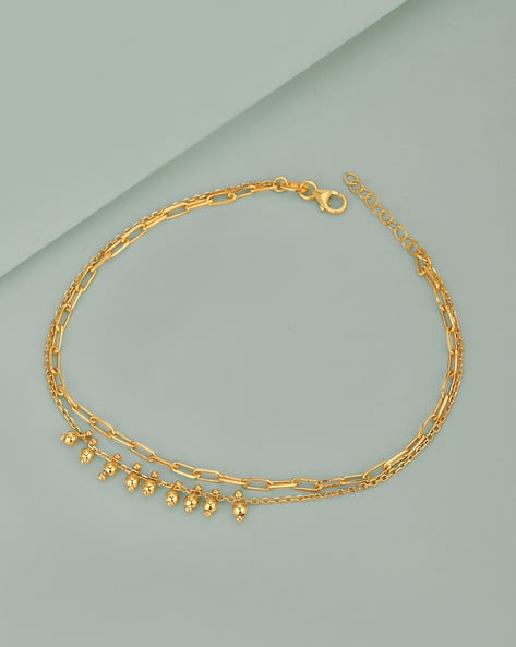 Gold Plated Double Layer Anklet with Dangling Beads