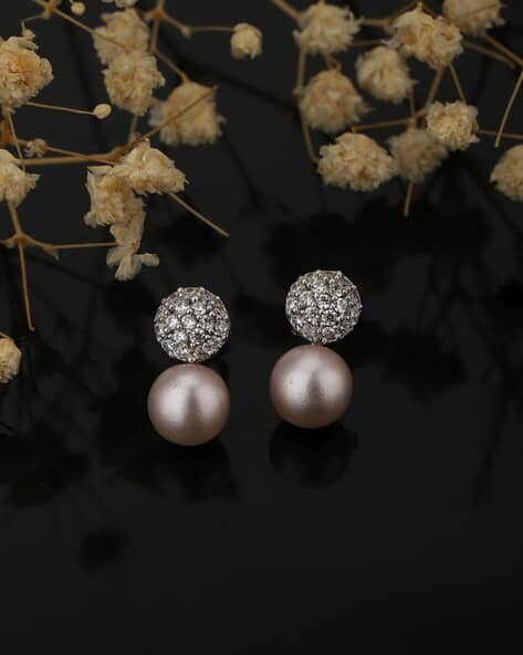 Dangling Pearl with CZ Rhodium Plated Drop Earrings - B746411E/1