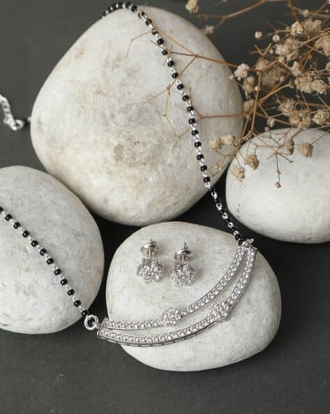925 Sterling Silver Rhodium-Plated Mangalsutra with Earrings