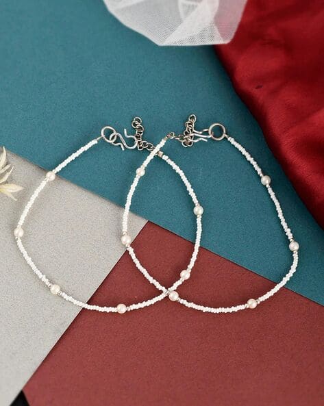 Pack of 2 Women Pearl-Beaded Anklets with Hook Closure
