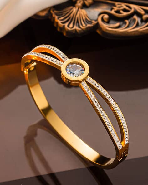 Women Gold-Plated American Diamond-Studded Cuff Bracelet