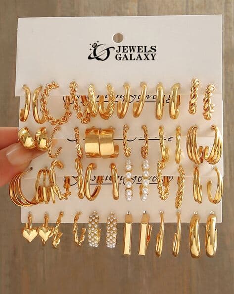 Women Set of 24 Gold-Plated Pear-Beaded Hoop Earrings