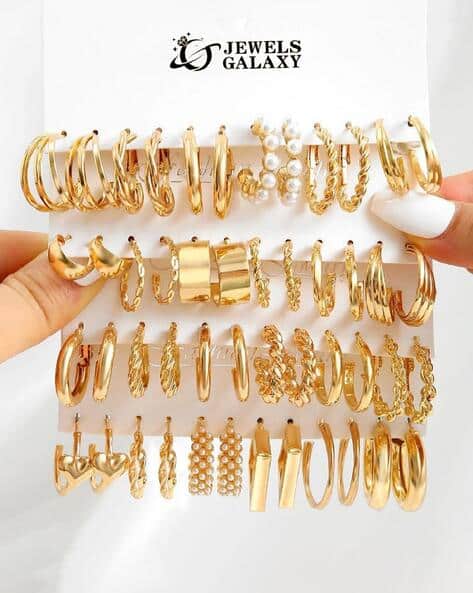 Women Set of 24 Gold-Plated Pearl Beaded Hoop Earrings