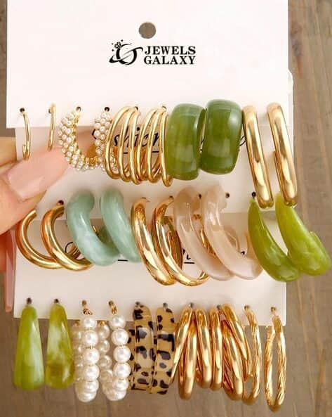Women Set of 15 Gold-Plated Hoop Earrings