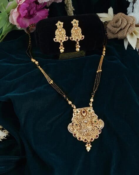 AD Studded Gold-Plated Mangalsutra & Earrings Set