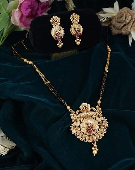 AD Studded Gold-Plated Mangalsutra & Earrings Set