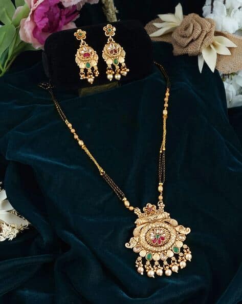 AD Studded Gold-Plated Mangalsutra & Earrings Set