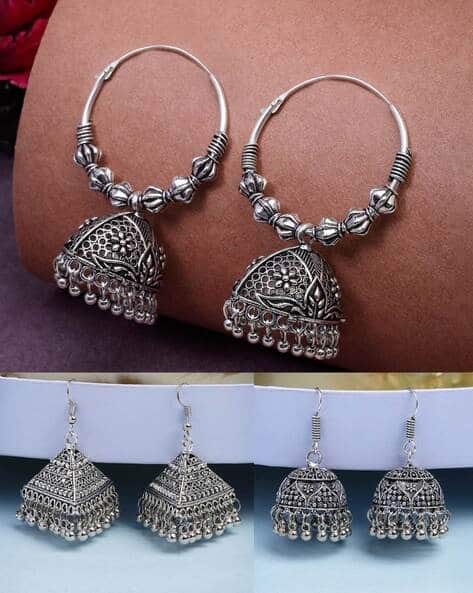 Set of 3 Women Oxidised Silver-Plated Jhumkas