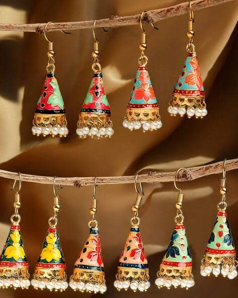 Set of 5 Women Gold-Plated Pearl-Drop Jhumka Earrings