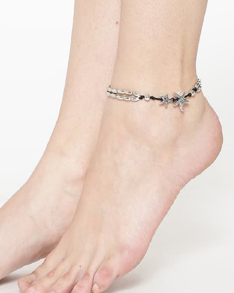 Silver Star Beads Anklet with Thread