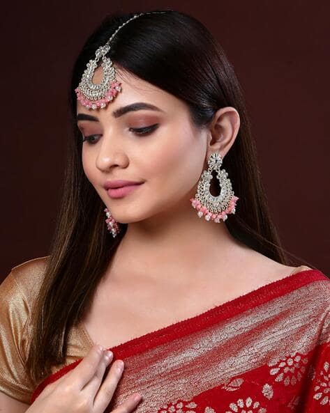 Gold-Plated Stone-Studded & Beaded Maangtika with Earrings