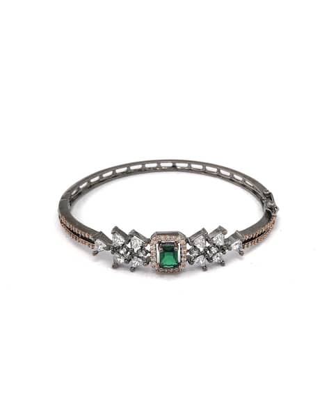 American Diamond Gun-Metal Plated Floral Bangle Style Bracelet