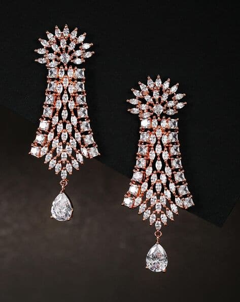 Women Rose Gold-Plated American Diamond-Studded Drop Earrings