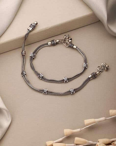 Set of 2 Women Antique Plated Brass Beaded Anklets