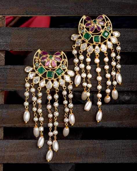 Stone-Studded Gold-Plated Drop Earrings