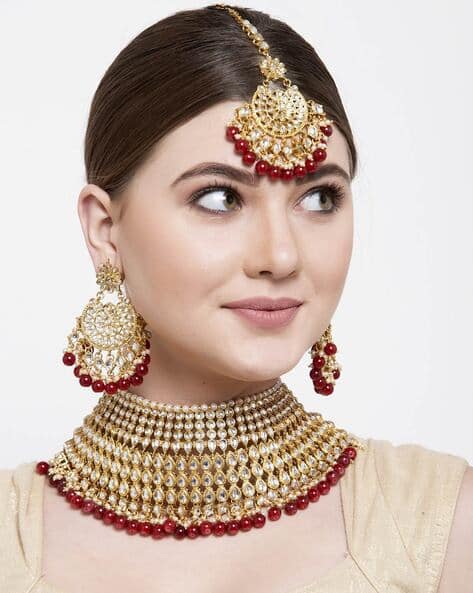 10557S Kundan Choker Necklace & Earrings Set with Mangtika