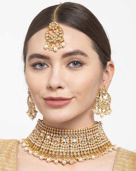 11282S Kundan Choker Necklace & Earrings Set with Mangtika