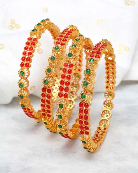 11620B Set of 4 Traditional Embellished Gold-Plated Bangles