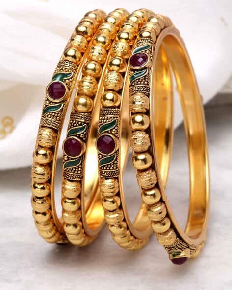 11790B Set of 4 Embellished Traditional Gold-Plated Bangles