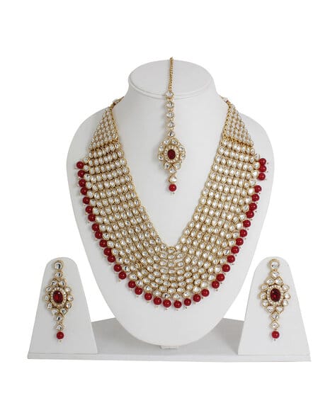 10012S Gold-Plated Kundan Necklace with Earrings & Mangtika