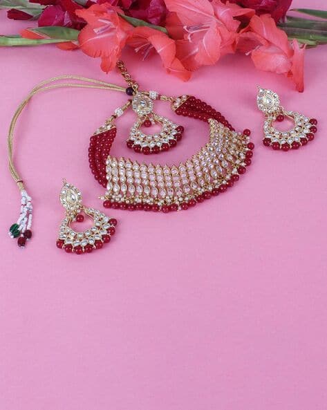 10148S Gold-Plated Kundan Necklace & Earrings with Mangtika