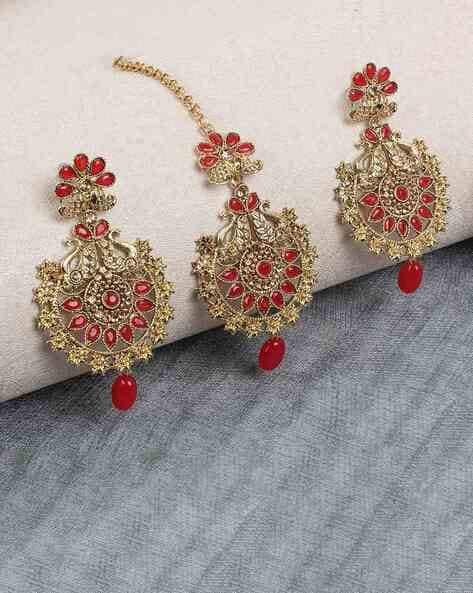 10164MTER Gold-Plated Stone-Studded Mangtika & Earrings Set