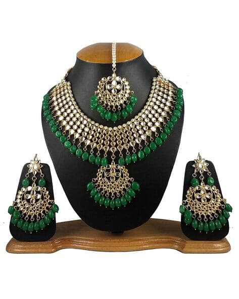 9607S Gold Plated Kundan Necklace & Earrings Set with Mangtika
