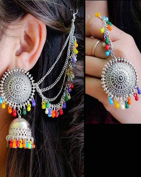 12007S Oxidised Silver-Plated Kanakti Earrings with Maang Tika