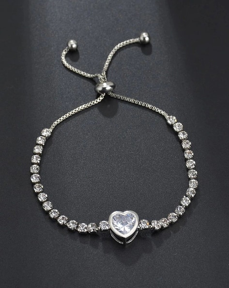 10846B Silver-Plated Crystal-Studded Heart Bracelet