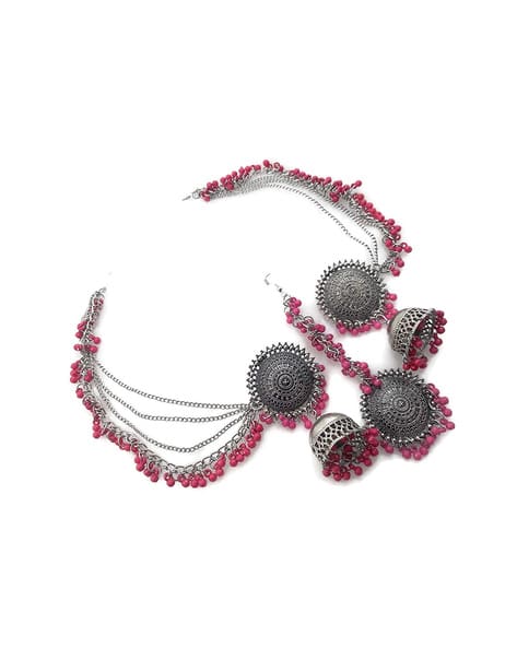 12004S Oxidised Silver-Plated Beaded Kanakti Earrings with Mangtika