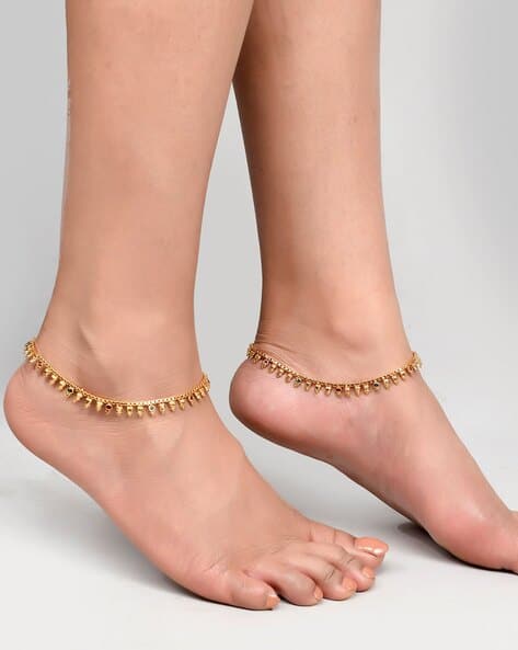 Gold Toned Multi Stone Studded Chain Anklets