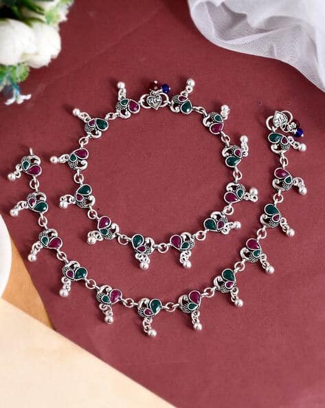 Silver-Plated Stone-Studded Anklets