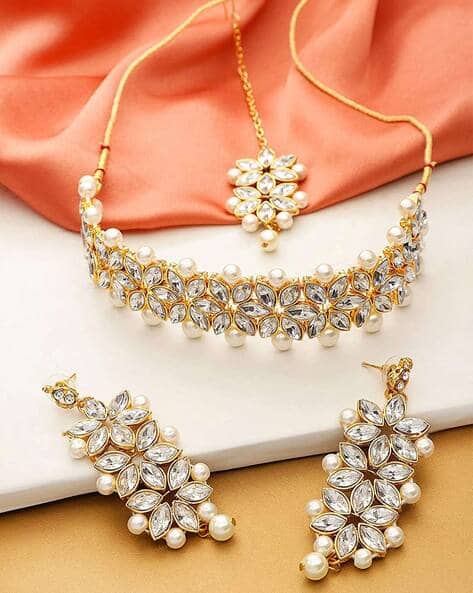 Beads Beaded Stone Studded Necklace Earrings & Maangtika Set