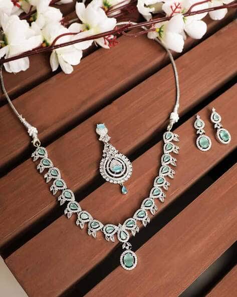 Rhodium-Plated Stone-Studded Necklace & Earrings with Maangtika Set