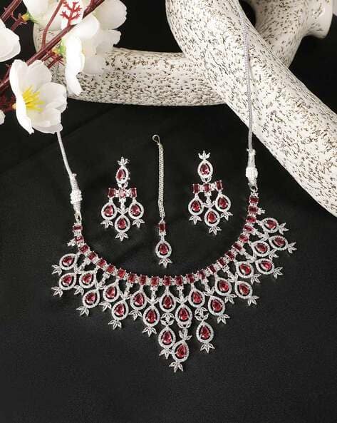 Rhodium-Plated Stone-Studded Necklace & Earrings with Maangtika Set