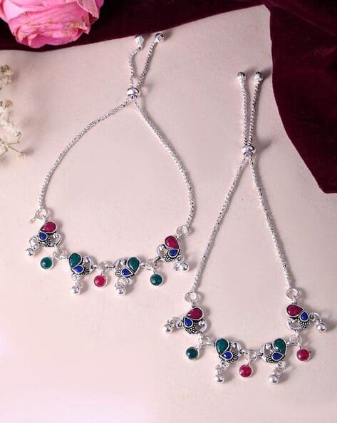 Women Set of 2 Silver-Plated Anklets