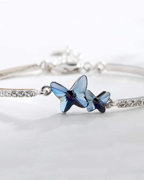 Silver Plated Blue Dual Butterfly Designer Crystals Bracelet