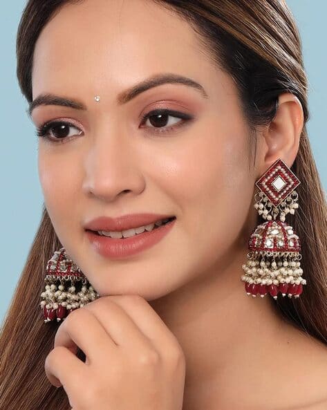Stone-Studded Beaded Jhumkas Earrings
